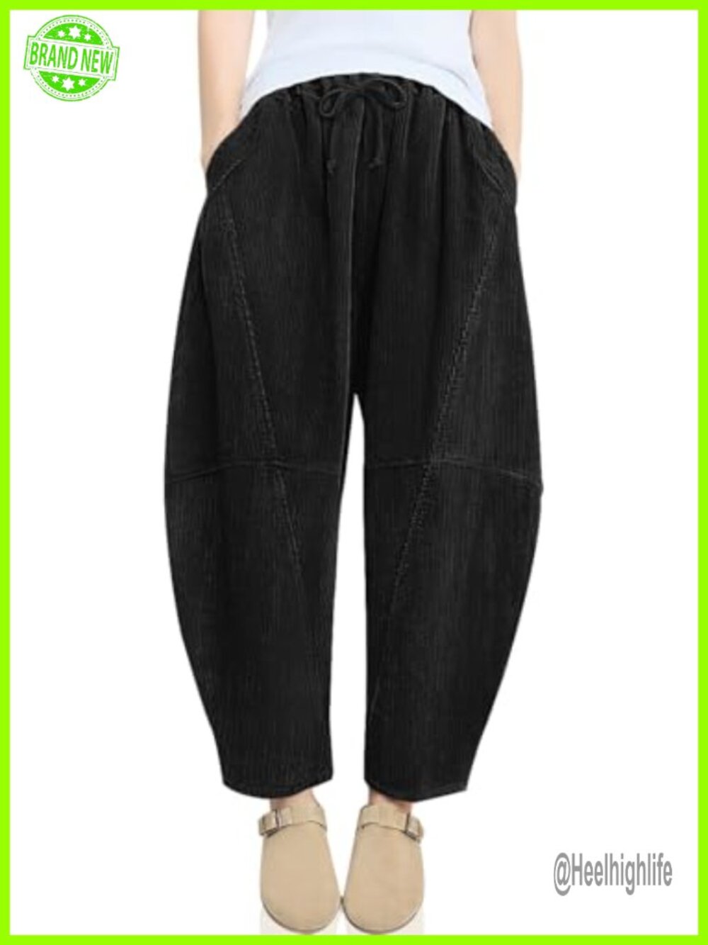 Corduroy Baggy Harem Pants Wide Leg Elastic Waist Side Pockets Loose Fit